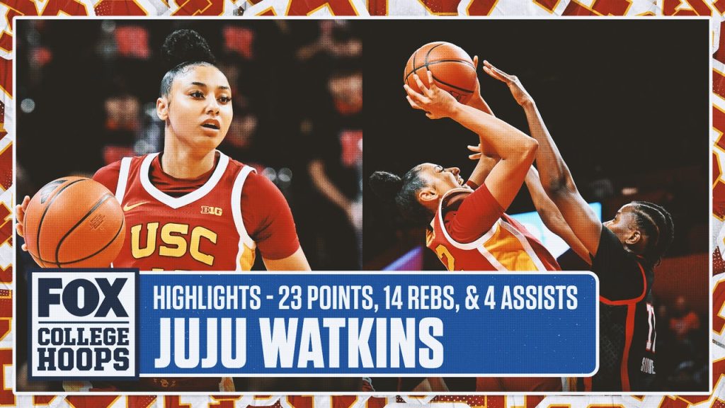 Juju Watkins mengumpulkan double-double 23 poin dalam kemenangan 92-42 No. 4 USC atas Rutgers | CBB di FOX