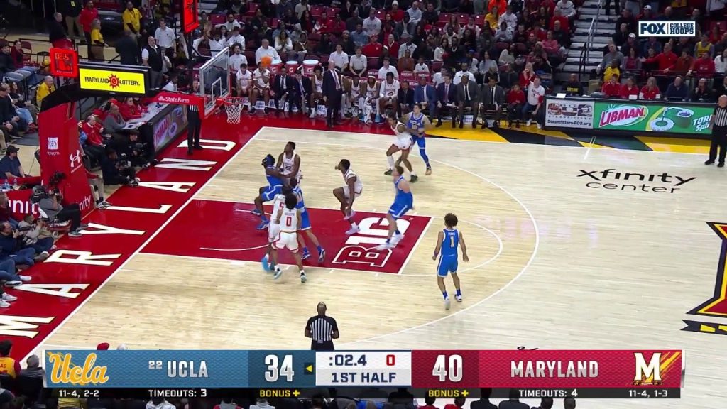 Tyler Bilodeau dari UCLA membuat buzzer-beater pada paruh waktu untuk memangkas keunggulan Maryland menjadi empat poin